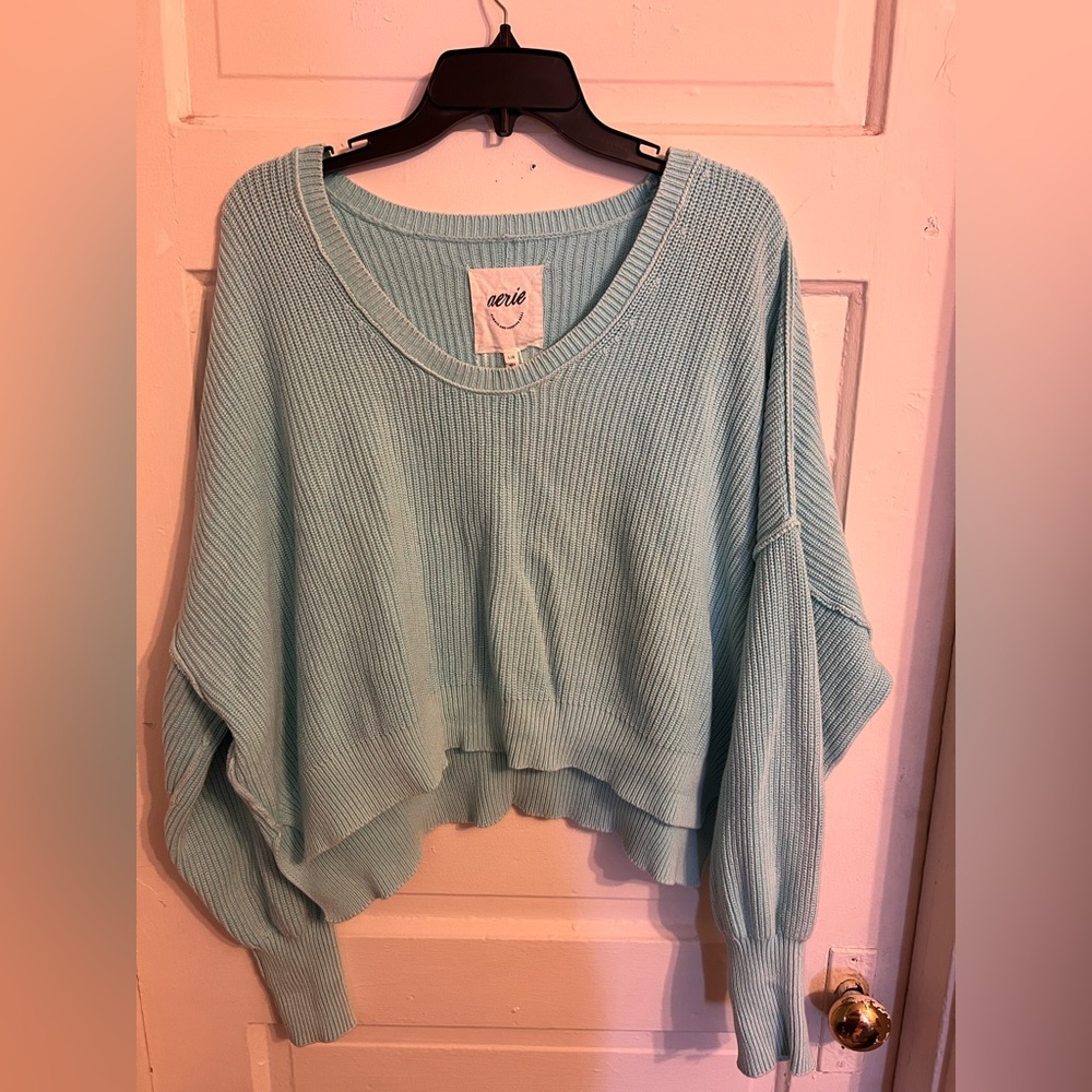 Aerie Soft Blue Cropped Crew Neck Sweater